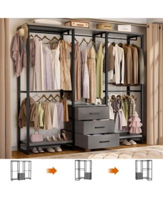 Heavy Duty Closet Rack with 5 Hanging Rods & 3 Fabric Drawers, Reversible Garment Rack with Shelves for Closet/Bedroom