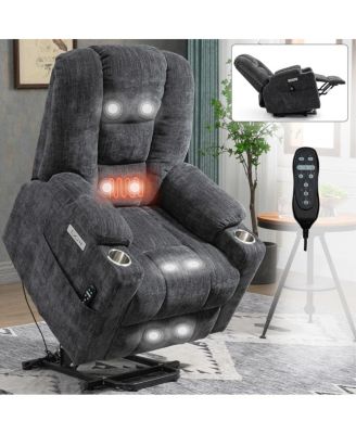 Chenille Power Lift Recliner with Massage, Heat, USB & Cup Holders, Wide Heavy-Duty Electric Chair for Seniors