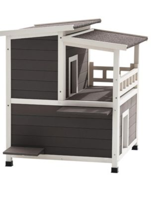 Insulated 2-Story Wooden Outdoor Cat House with Balcony, 33