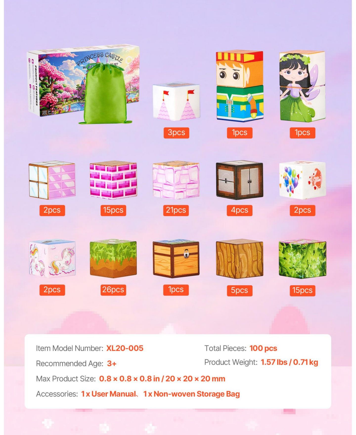 Детский конструктор Mecale Princess Castle 100-Piece Magnetic Building Set, Ages 3+, цвет: Розовый — фото 3