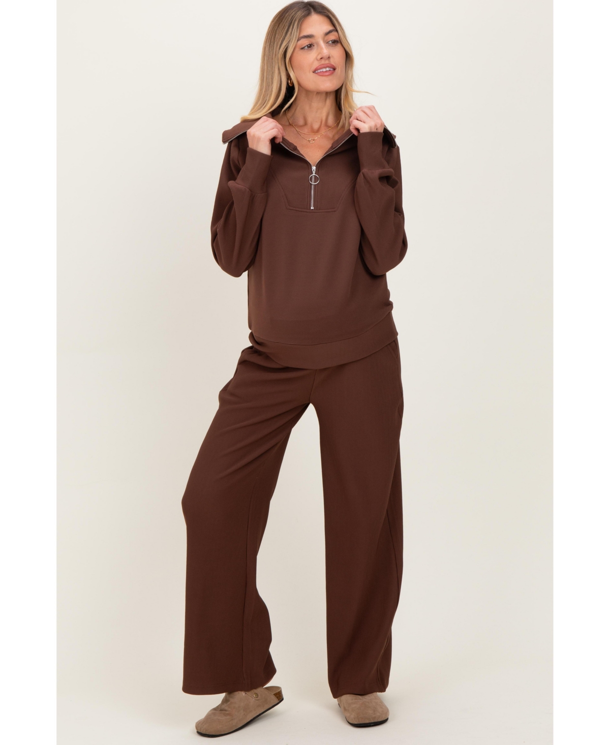Pinkblush Maternity Brown Ribbed Half Zip Pullover Wide Leg Pant Set