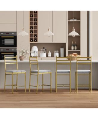 Set of 4 Upholstered Counter-Height Bar Stools with Backrest, Thick Cushion & Footrest, 26" Height, Gold Finish