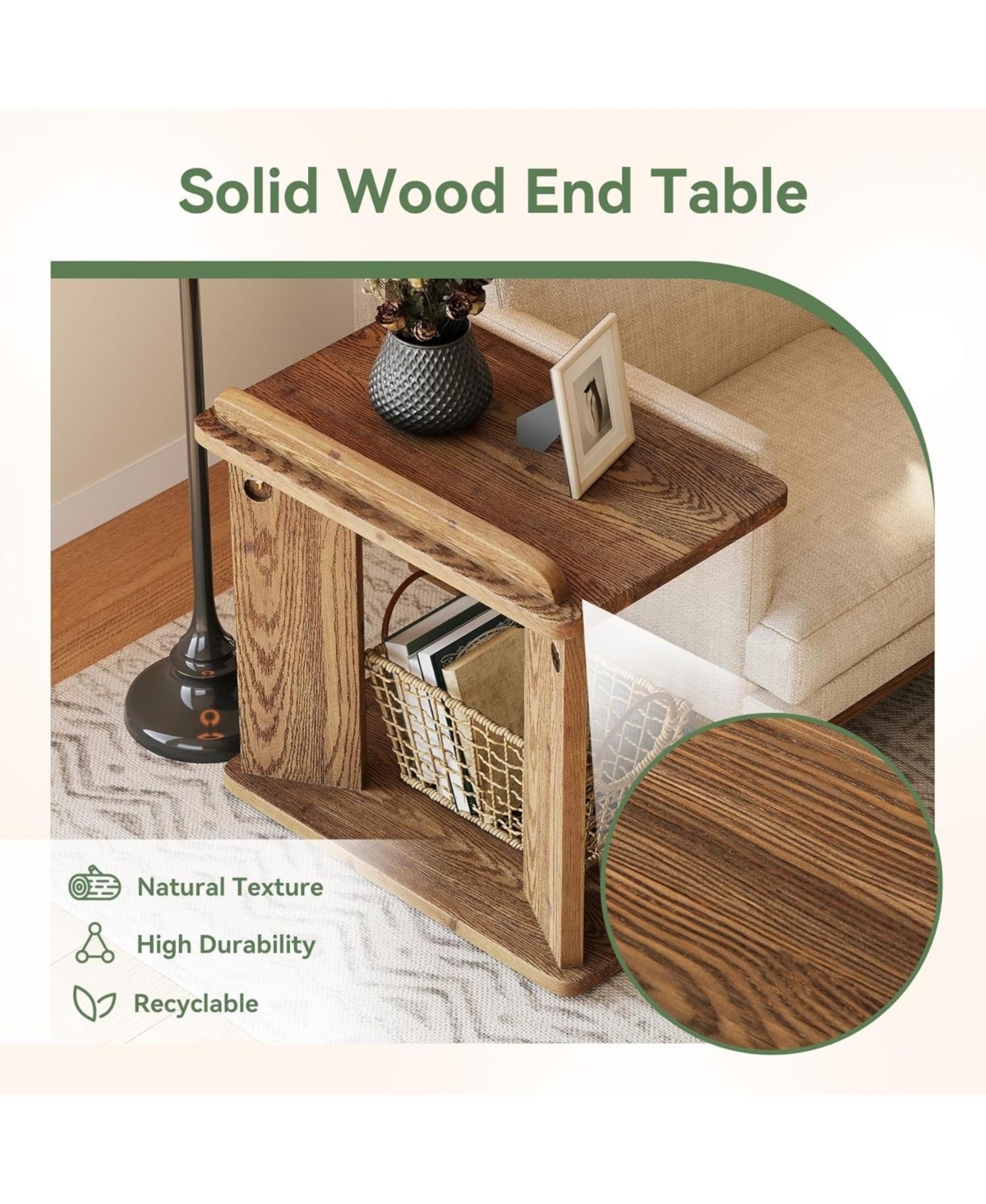Tribesigns Solid Wood C-Shaped End Table, Farmhouse Wooden Side Table with Book Groove & Holder