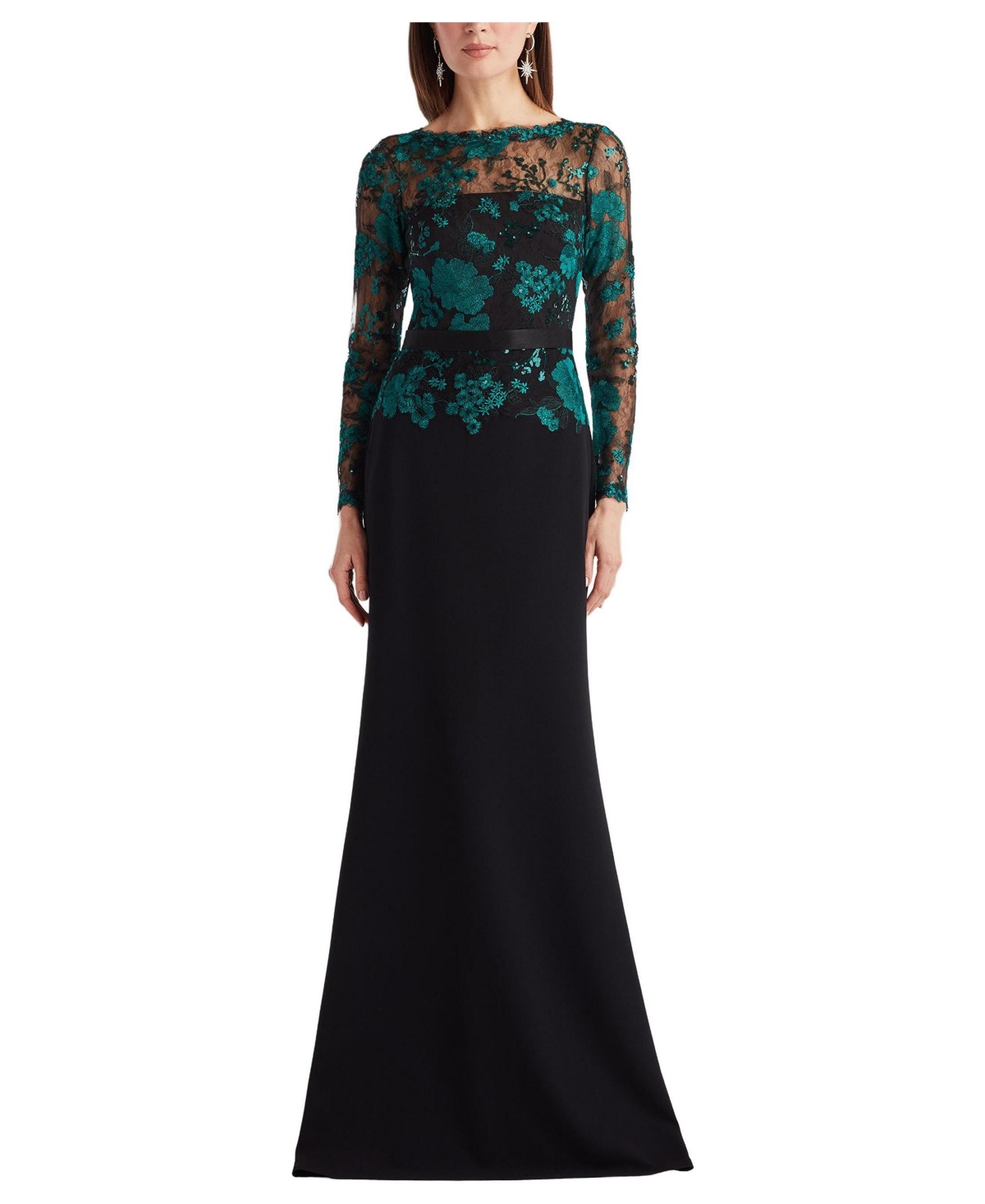 Tadashi Shoji Women's Beacon Belted Embroidered Illusion Gown