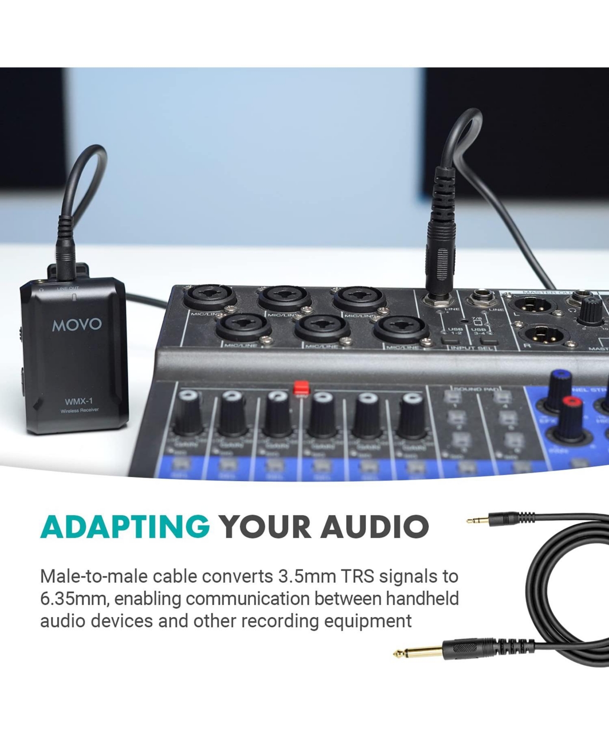 Movo Wga-1 6.35mm Guitar Cord to 3.5mm Extension Trs Male to Male Audio Cable