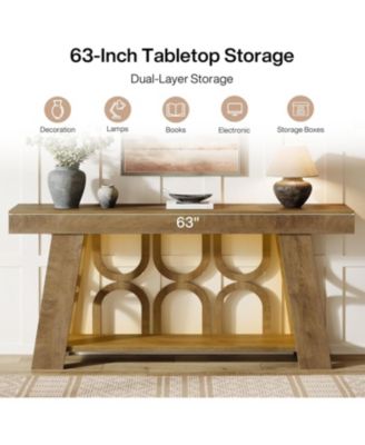 Narrow Farmhouse Console Table with 2-Tier Storage, 63" Long Sofa Entryway Table, Light Brown