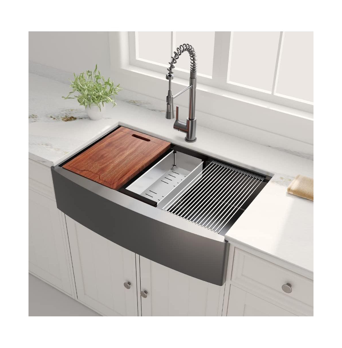flynama 36x22x10inch Gunmetal Black Farmhouse Kitchen Sink Apron Front Workstation Stainless Steel