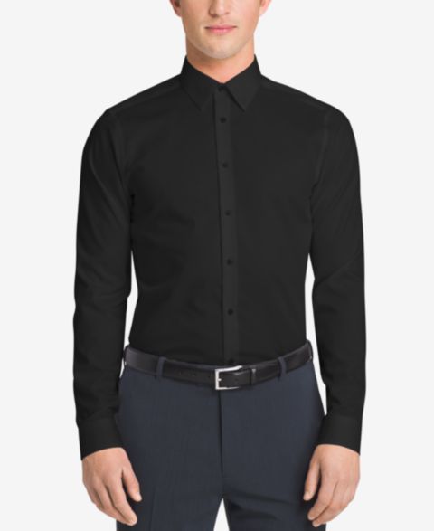 Мужская рубашка Calvin Klein Performance Wrinkle Free Herringbone Slim Fit Dress Shirt, цвет: Чёрный