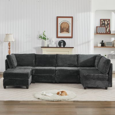 Corduroy Sectional Sofa with Ottoman & Storage