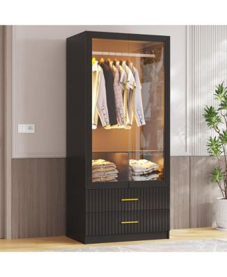 70.8" Modern Wardrobe Armoire with LED Glass Doors, Motion Sensor, 2 Drawers & Hanging Rod