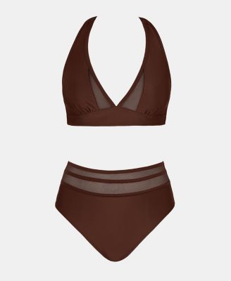 Women's Halter V-Neck Tie Back Mesh Panel Bikini Set