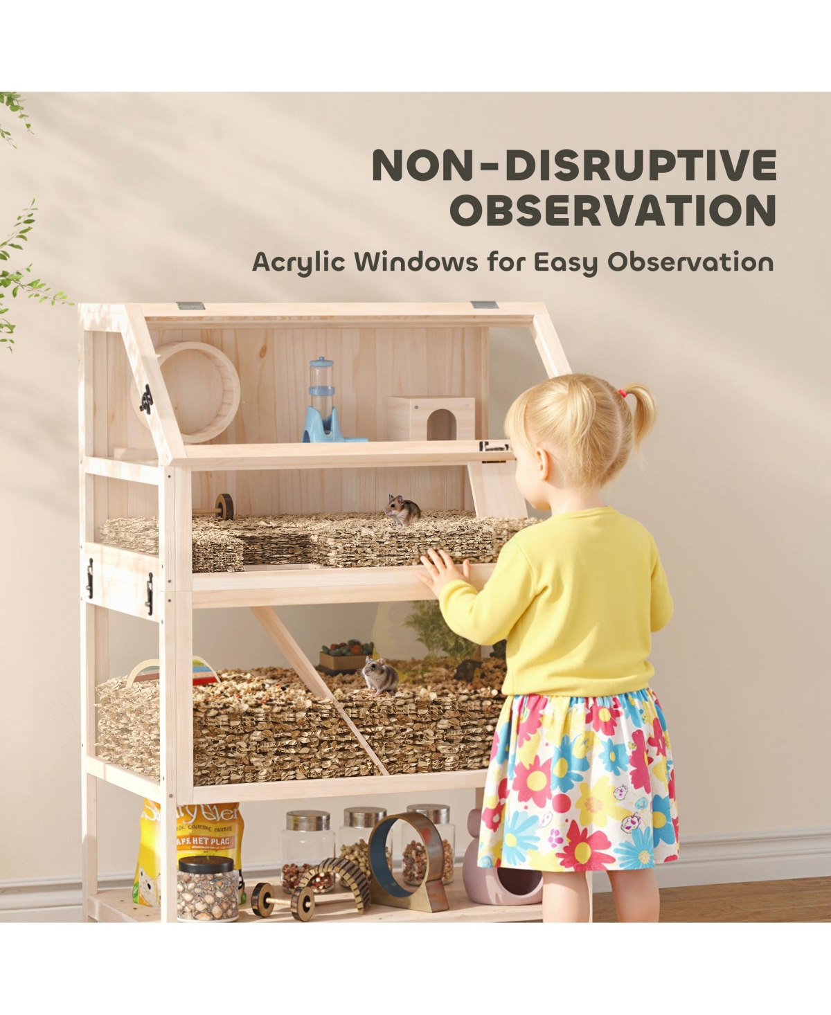 PawHut Wooden 3 Tier Hamster Cage with Storage Shelf for Dwarf, Gerbil