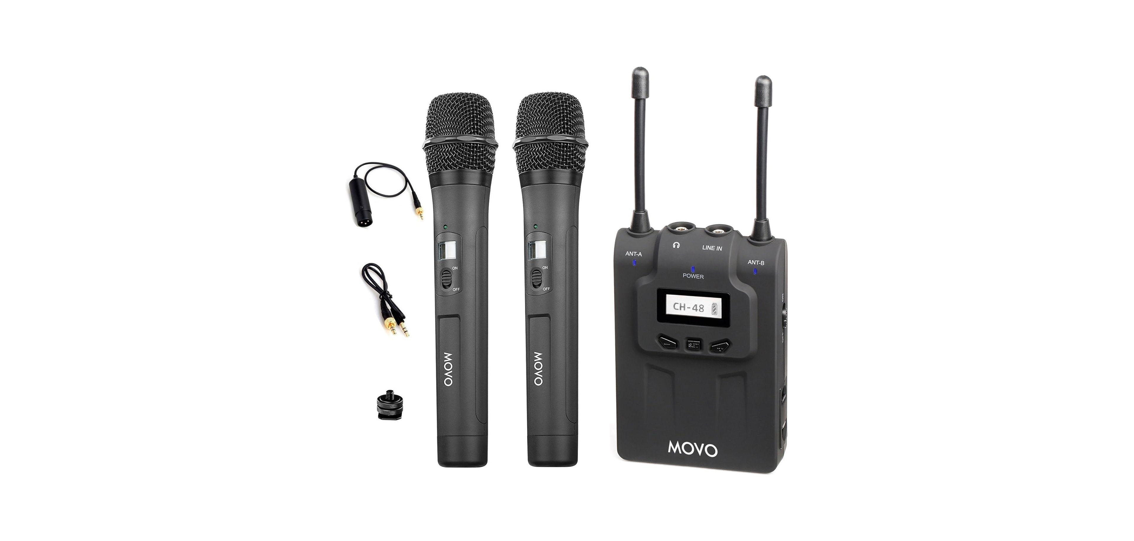 Movo WMIC80 Uhf Wireless Handheld Microphone System with 2 Handheld Mics with integrated Transmitters, Portable Receiver, and Shoe Mount for Dslr