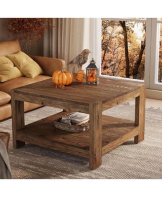 31.5" Square Solid Wood Coffee Table, 2-Tier Farmhouse Center Table for Living Room & Office, Rustic Brown