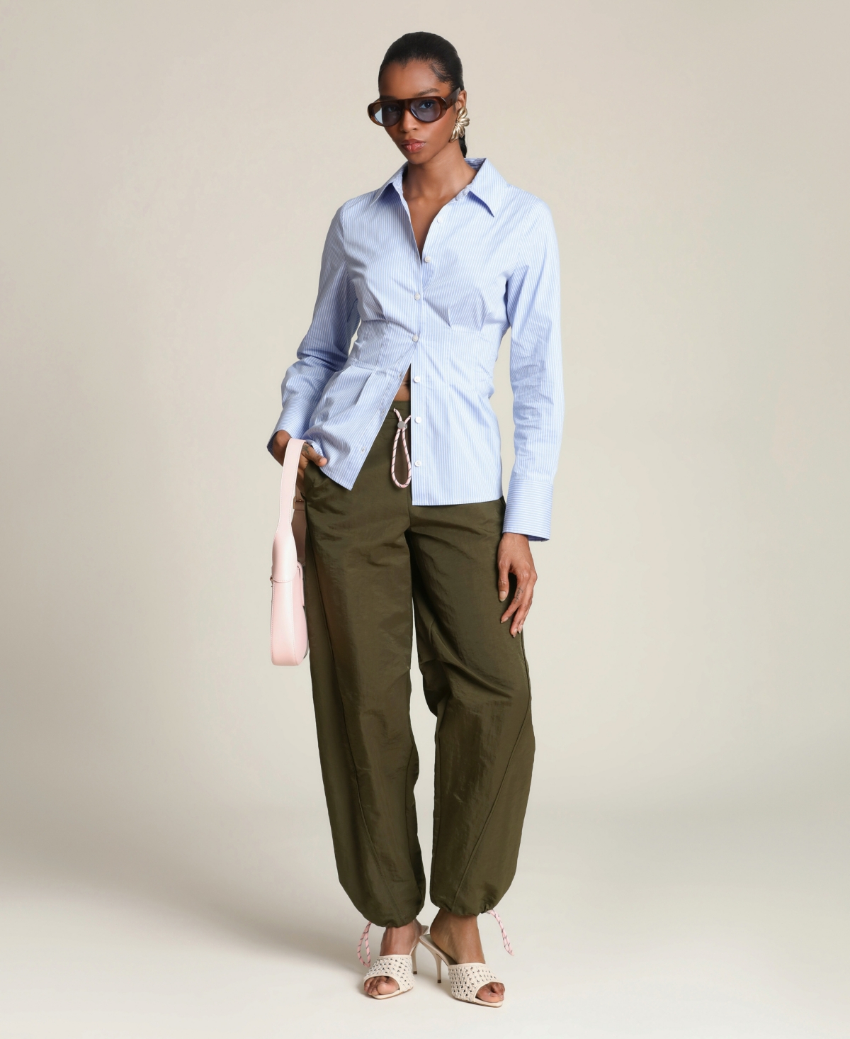 Avec Les Filles Women's Corset Stripe Spread Collar Shirt