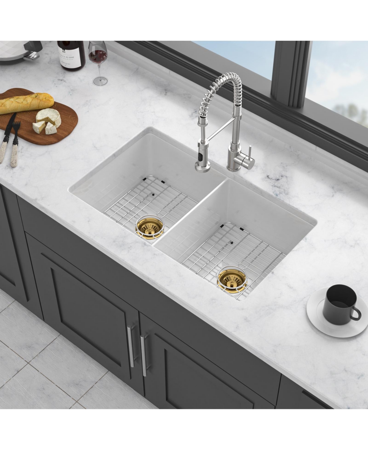 Flynama White Fireclay Farmhouse Kitchen Sink, Double Bowl, Undermount/Dual Mount, 32" x 19" x 10"