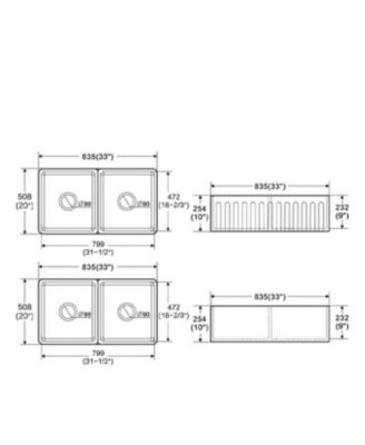 Fireclay Farmhouse Kitchen Sink, Double Basin, Apron Front, Reversible Design with Grid & Strainer, 33" x 20" x 10" Deep