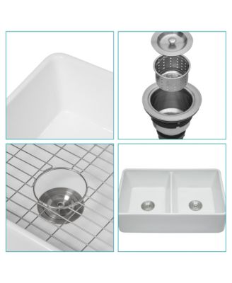 White Ceramic Porcelain Farmhouse Kitchen Sink, Double Bowl, Apron Front, 32" x 20" x 9"