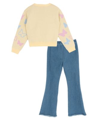 Girls' 7-16 Button Down Sweater with T-Shirt and Flare Pants, 3-Piece Set