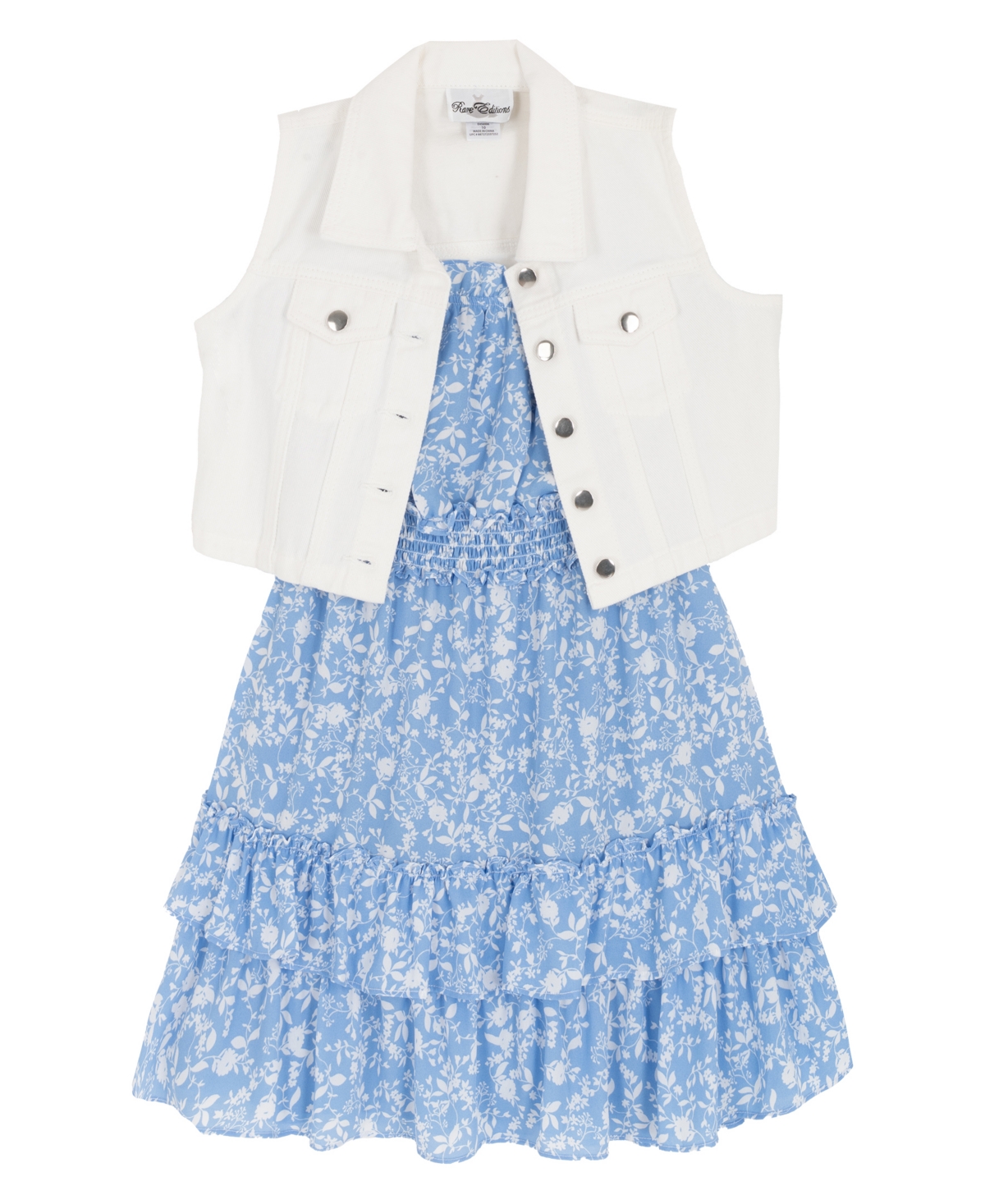 Rare Editions Girls' 7-16 Sleeveless Denim Vest and Dobby Tiered Dress, 2-Piece Set