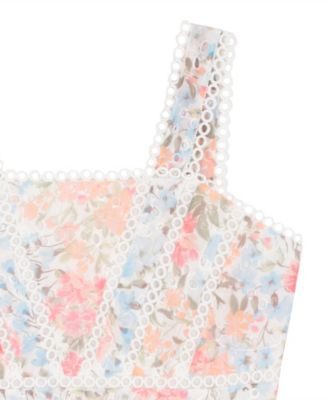 Girls' 7-16 Floral Eyelet Trimmed Square Neck Dress