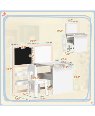 Kids Table and Chair Set 3 in 1 Art Table with Storage Shelves Foldable Blackboard Whiteboard Roll Paper for Kids 3-8 Years White