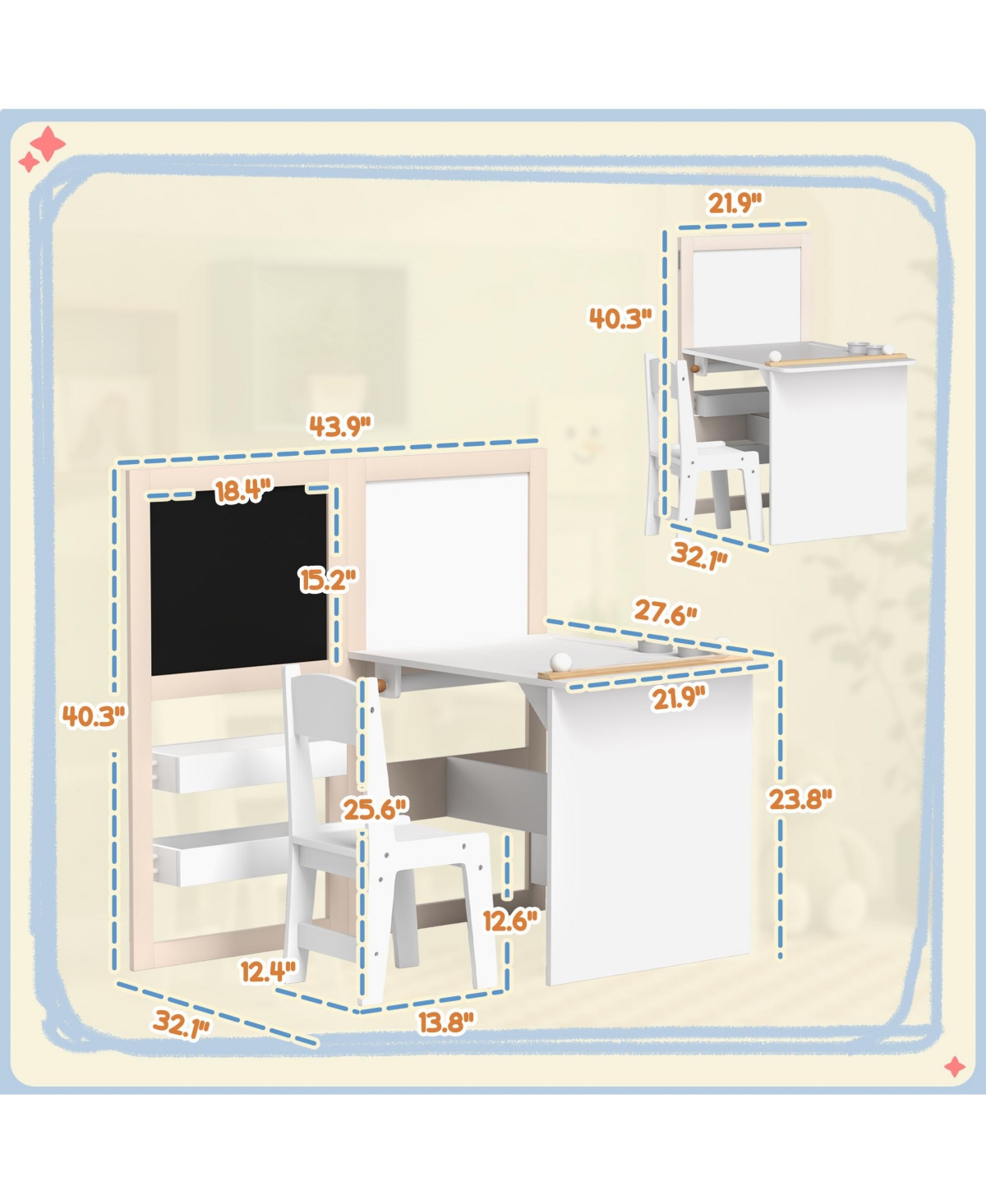 Jujabu Kids Table and Chair Set 3 in 1 Art Table with Storage Shelves Foldable Blackboard Whiteboard Roll Paper for Kids 3-8 Years White