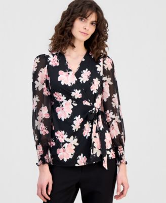 Women's Floral-Print Smocked-Cuff Wrap Top
