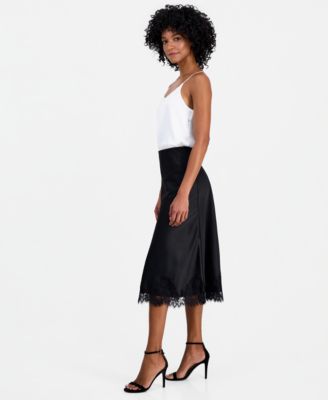 Women's Lace-Trim Midi Satin Skirt, Regular & Petite