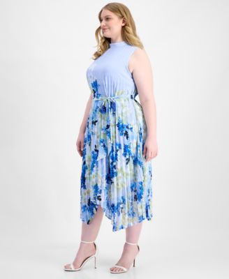 Plus Size Printed Pleated Sleeveless Midi Dress