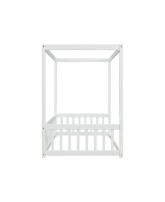 Twin Size Canopy Floor Bed with Safety Fence Wooden Play Bed with Guardrails for Kids Room