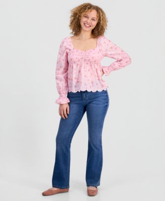 Juniors' Printed Long-Sleeve Babydoll Top