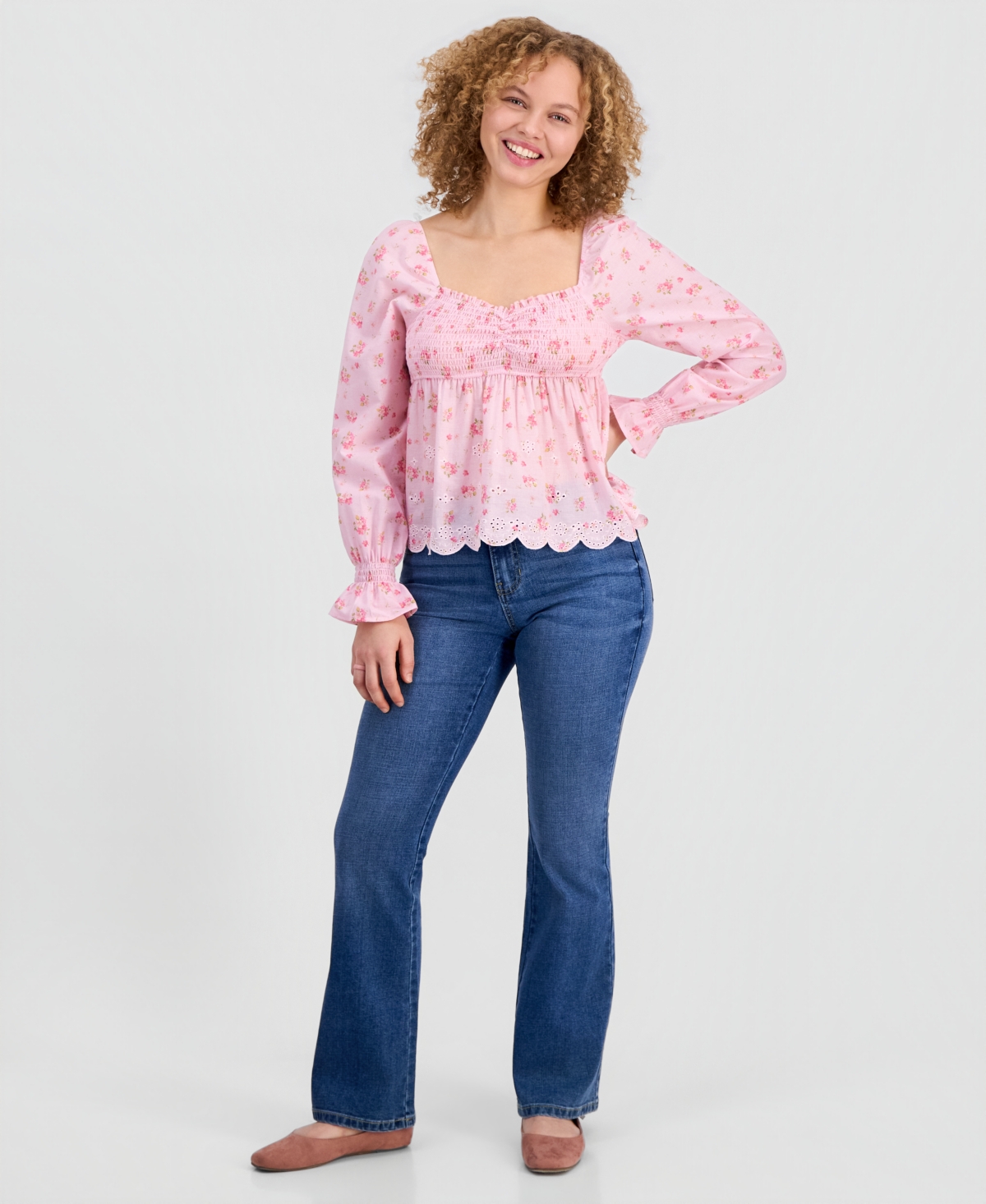 Madden Girl Juniors' Printed Long-Sleeve Babydoll Top