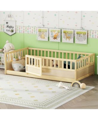 Twin Size Wooden Floor Bed Integral Construction with High Security Barrier Pine French Style for Kids