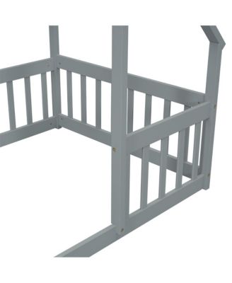 Twin Wood House-Shaped Floor Bed with Safety Fence & Roof Frame Kids Bed for Bedroom Playroom