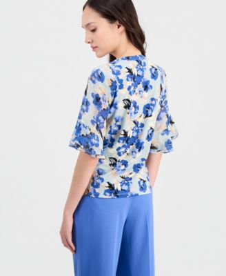 Petite Ruffle-Cuff Split-Neck Top