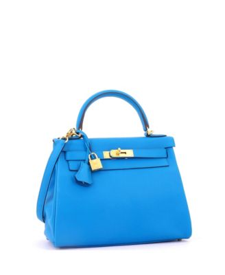 Pre-Owned HERMES Kelly 28 Handbag Blue Evercolor with Gold Hardware