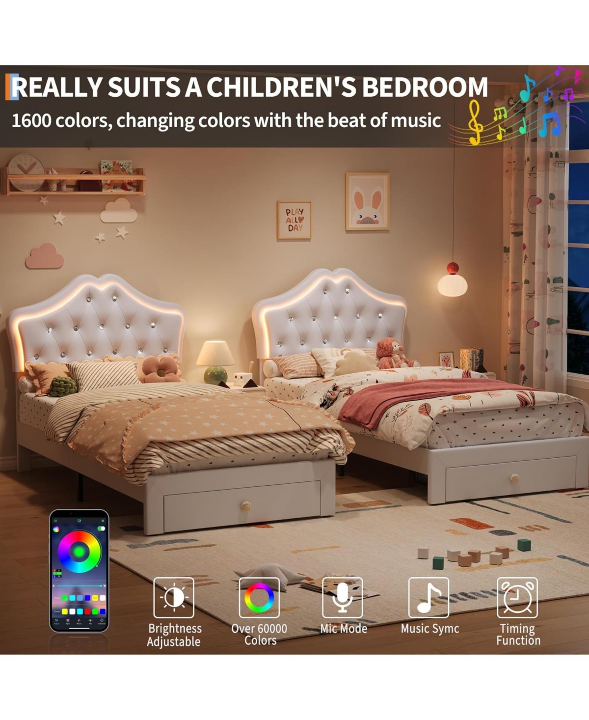 gaomon Twin Bed Frame with Led Lights, Velvet Crystal Headboard, Upholstered Kids Platform Drawer