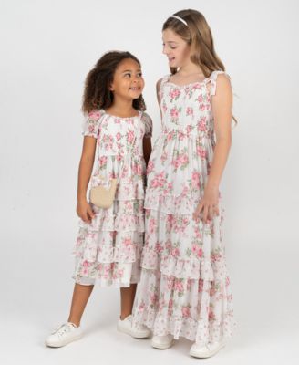 Girls' 7-16 Floral Chiffon Smocked Ruffle Dress