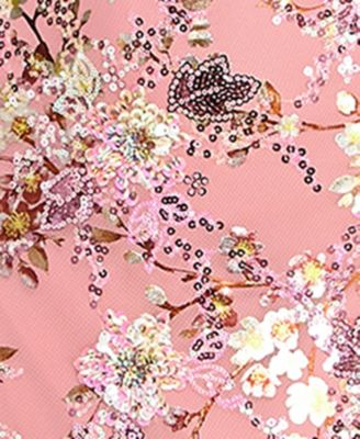 Juniors' Floral Sequin Scoop Neck Gown