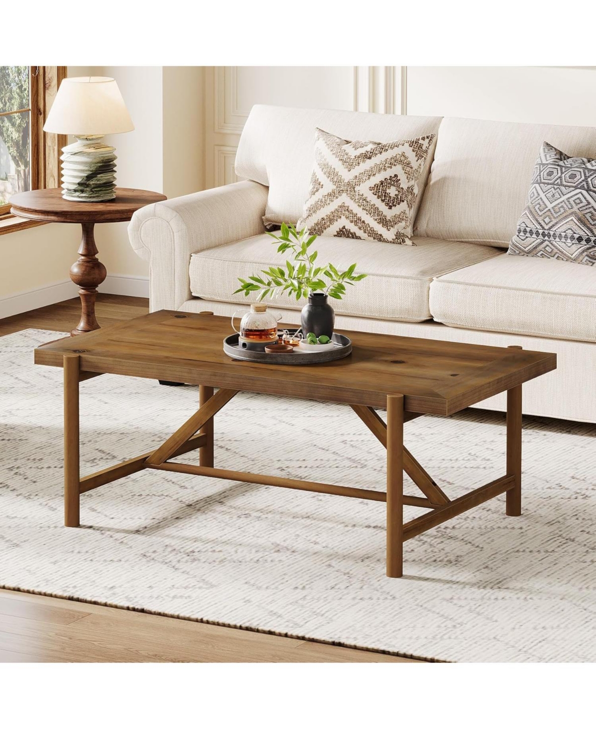 Tribesigns Farmhouse Solid Wood Coffee Table, 47-Inch Rectangular Center Tea Table, Warm Brown