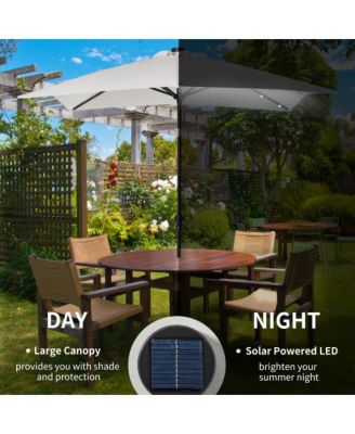 9ft x 7ft Solar Patio Umbrella with LED Lights Tilt Crank Outdoor Market Umbrella for Table or Base White