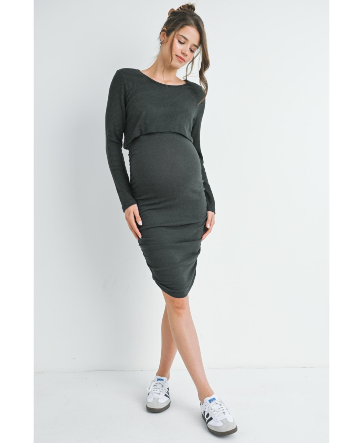 Hello Miz Maternity Long Sleeve Ribbed Side Ruched Nursing Dress