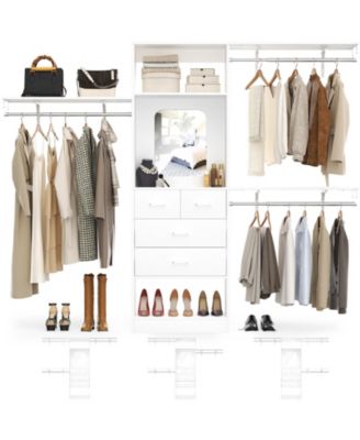 96'' Closet Organizer System with 4 Drawers & Mirror, Heavy Duty Closet System with 3 Shelving Towers & Hanging Rods