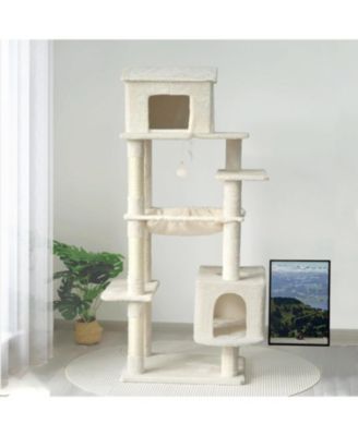 64'' Cat Tree with Unique Cat House, Hammock, Scratching Posts in Beige