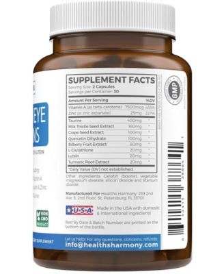 Health's Harmony Eye Vitamins with Lutein & Bilberry, Non-GMO vision support for dry eyes & overall eye health. 60 capsules.