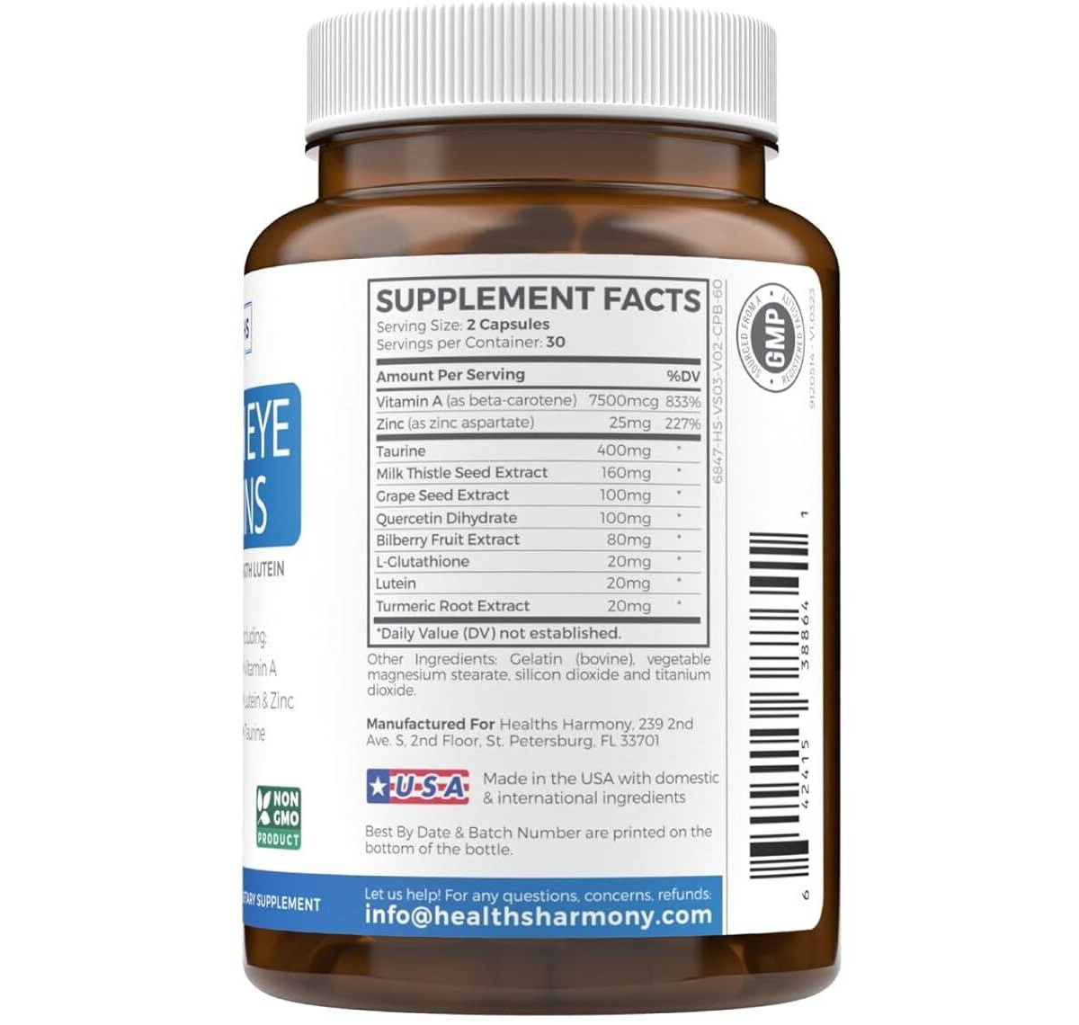 Health's Harmony Eye Vitamins with Lutein & Bilberry, Non-gmo vision support for dry eyes & overall eye health. 60 capsules.