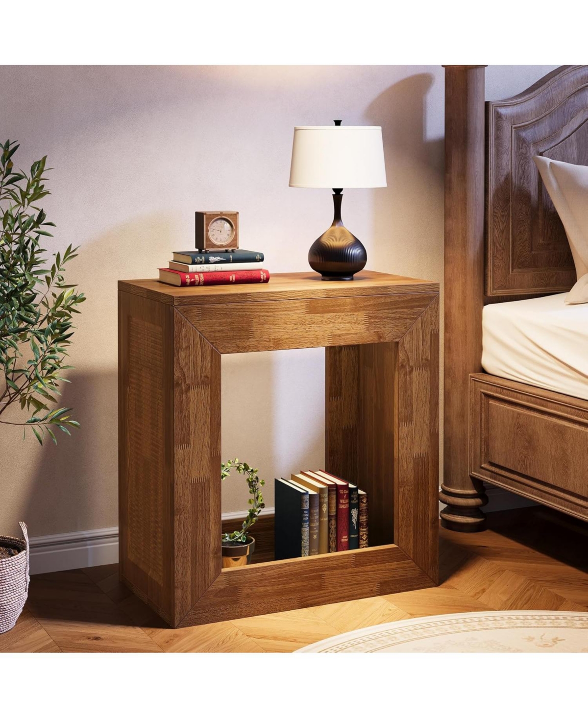 Tribesigns Rustic End Table Set of 2, 2-Tier Wooden Side Table with Sturdy Base, Farmhouse Narrow Nightstand with Storage Shelf