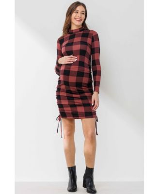 Maternity Bodycon Plaid Side Ruched Long Sleeve Dress