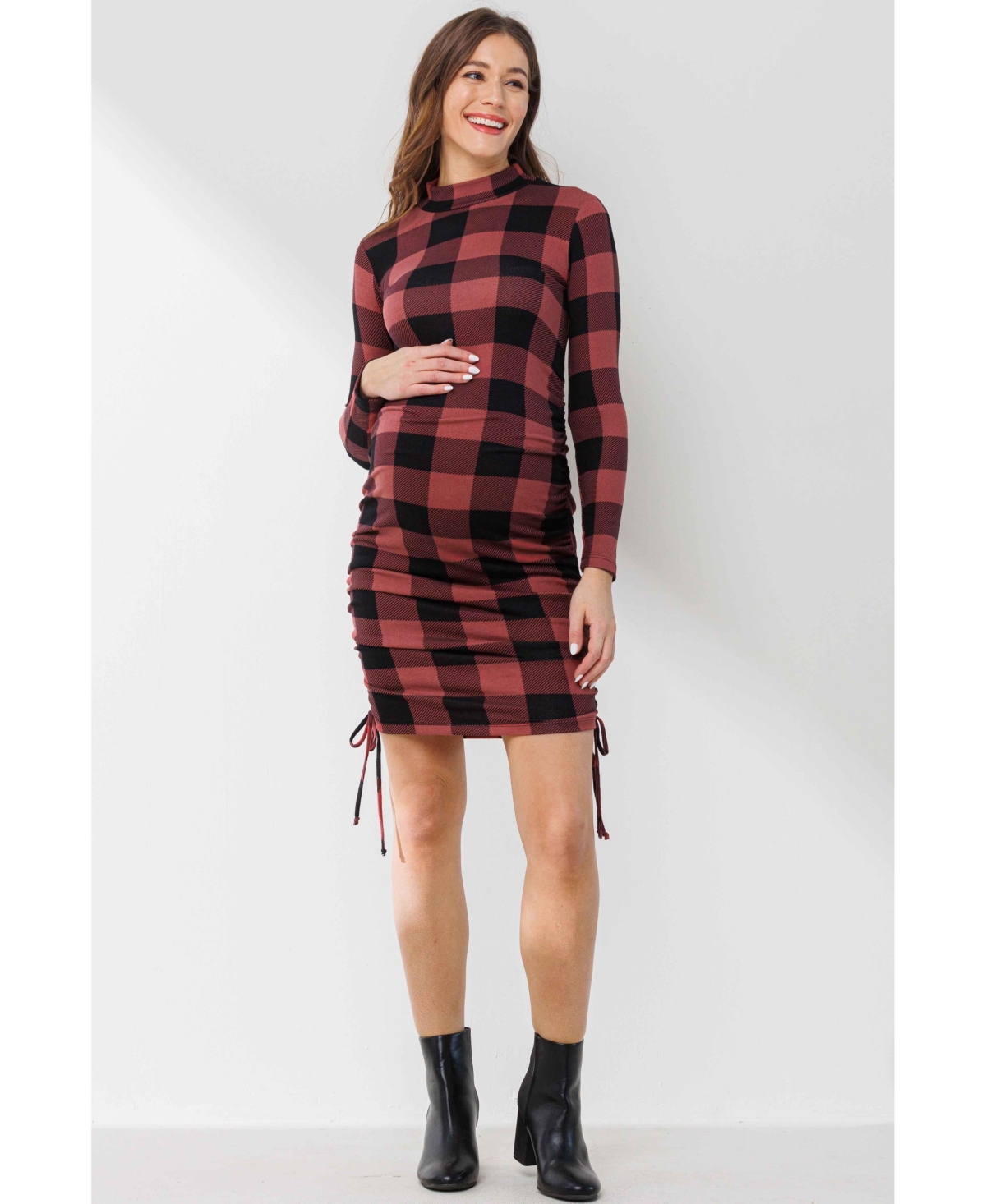 Hello Miz Maternity Bodycon Plaid Side Ruched Long Sleeve Dress